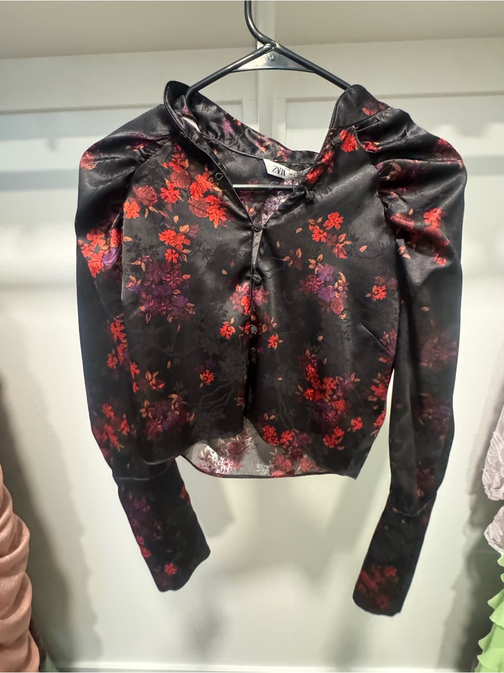 Zara Black Satin Floral Long-Sleeve Blouse